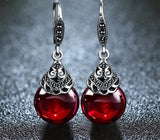Retro 100% 925 Sterling Silver Round Garnet Drop Earrings For Women Natural Red Gemstone Ruby Fine Jewelry Best Gifts
