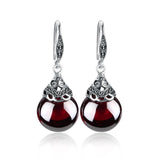 Retro 100% 925 Sterling Silver Round Garnet Drop Earrings For Women Natural Red Gemstone Ruby Fine Jewelry Best Gifts