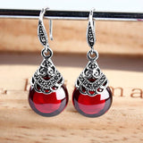 Retro 100% 925 Sterling Silver Round Garnet Drop Earrings For Women Natural Red Gemstone Ruby Fine Jewelry Best Gifts